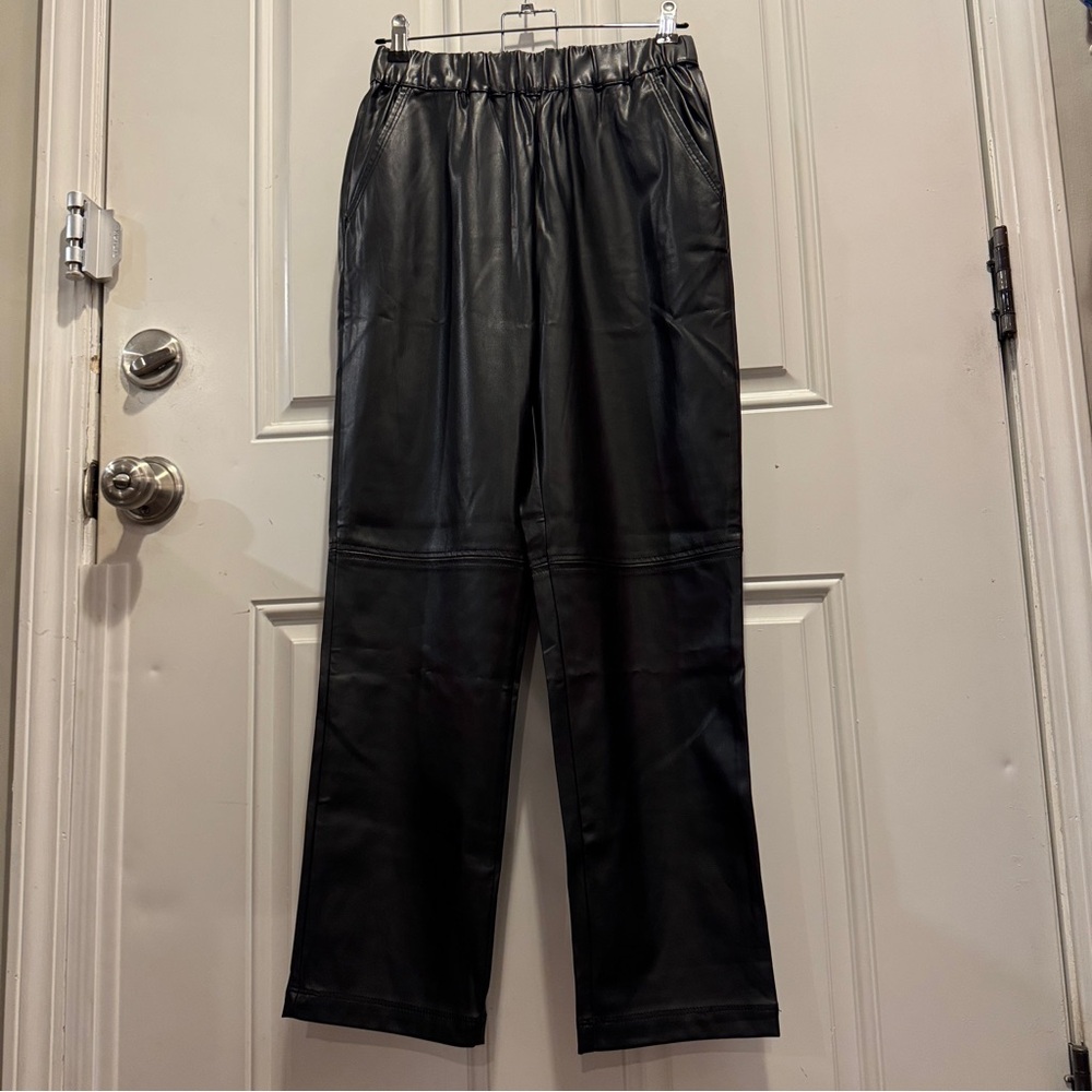NWT Sisley Black Faux Leather Trousers Pleather Pants Elasticated Waist $155.00